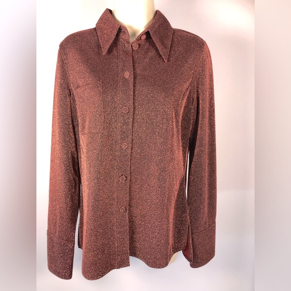 NWT H&M Studio Collection Rust Red Long Sleeve Glittery Metallic Jersey Shirt S - Picture 2 of 8